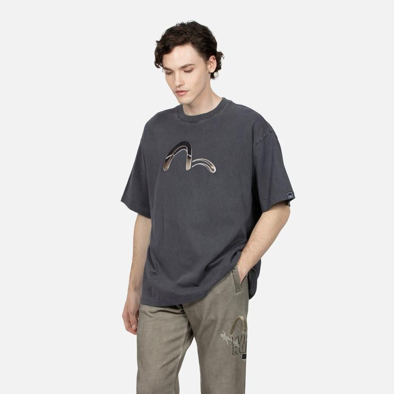 Evisu Aw23 Metallic Logo Print Oversized T-Shirt Men tops Dark-Gray 2EAGNM3TS5186BZCT