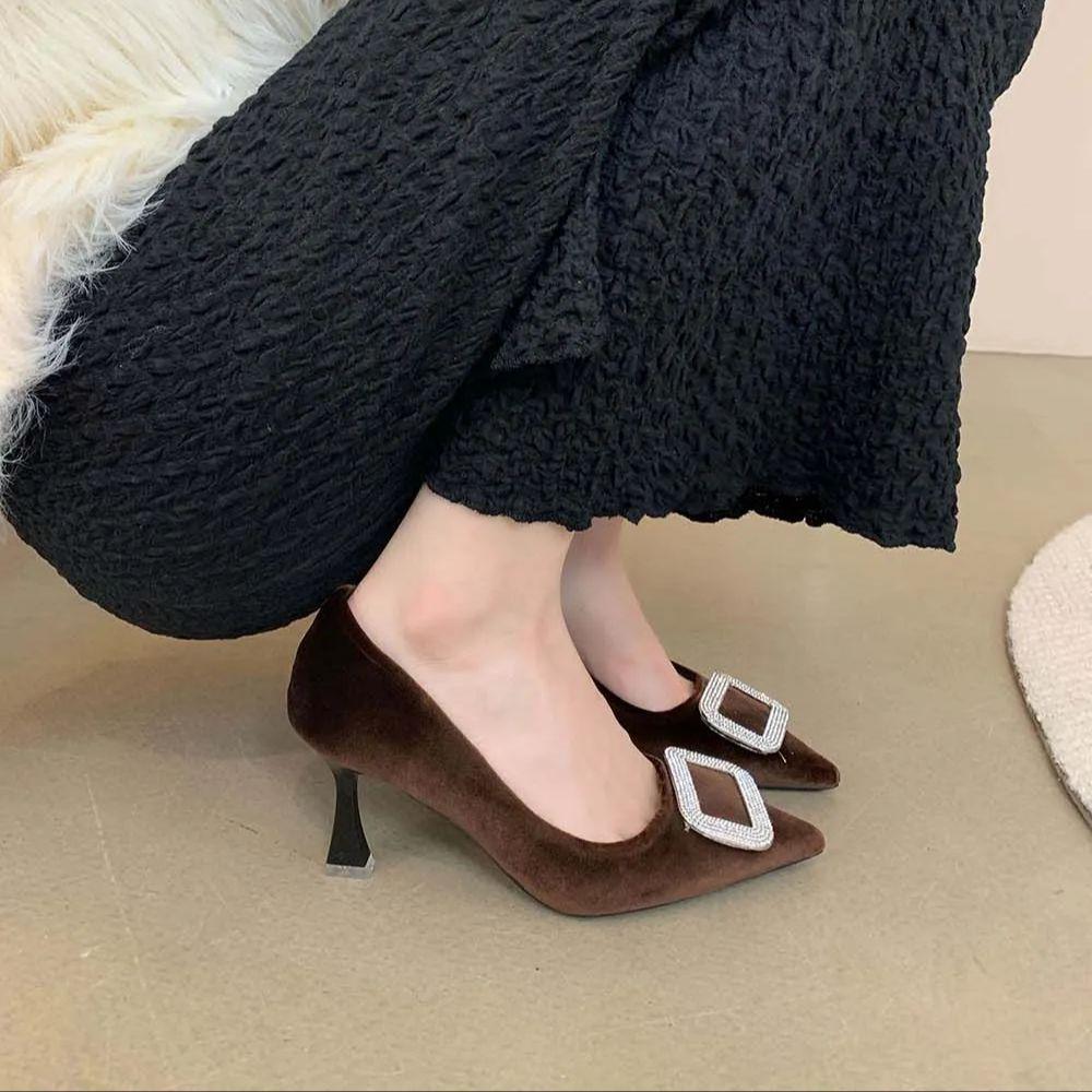 fashion Sexy Party Pumps Women Shallow Slip On Dress Rhinestone Pumps Thin High Heels Black Brown Red Fasshion Office Shoes Woman 35-39