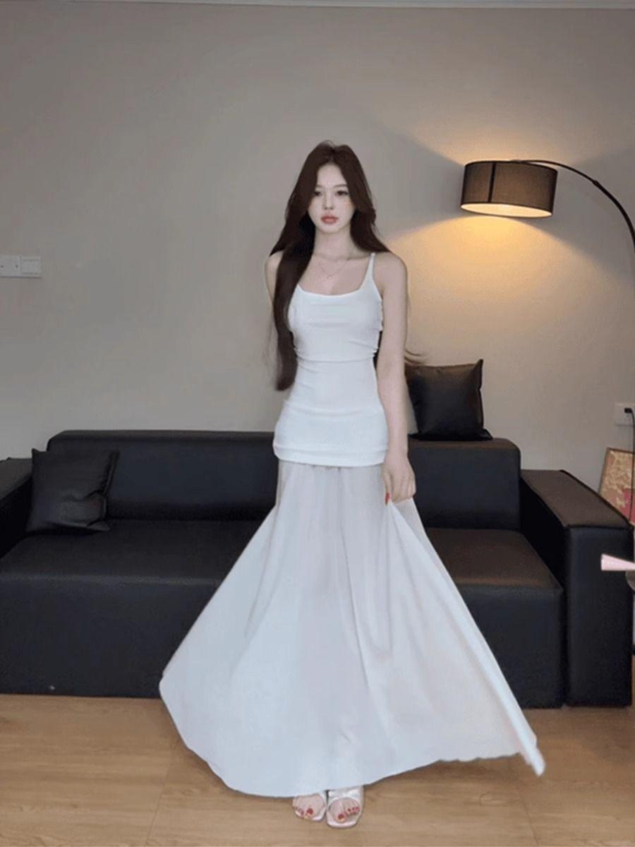 

Cold Art Department Mesh Splicing Knitted Suspender Skirt Women s Pure Desire U-Neck Elastic Shoulder Backless Waist Dress XL білий