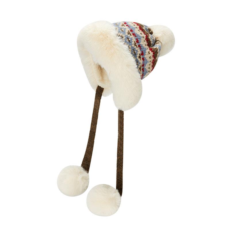 

Утепленная и теплая шерстяная шапка-ушанка для женщин, вязаная пушистая шапка, подчеркивающая маленький овал лица, шапка для защиты ушей от снега, Северо-Восток average size