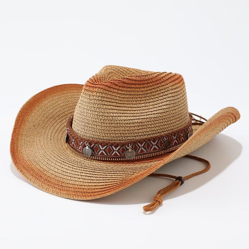 Ethnic style straw woven western cowboy hat for men and women summer Xinjiang travel big brim straw hat sunshade jazz hat