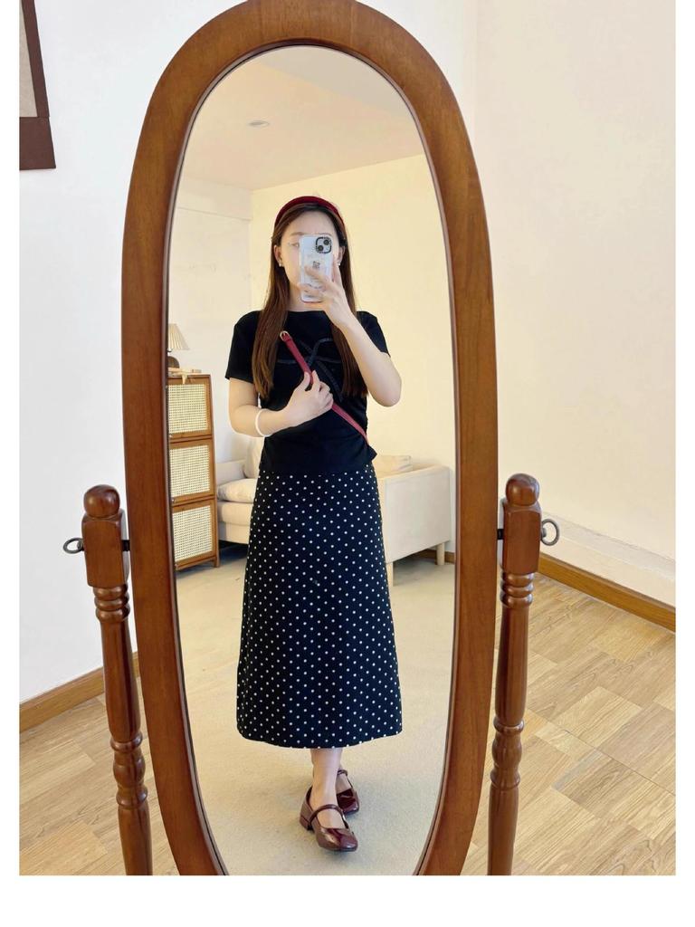 Plus Size Black Polka Dot A-Line Skirt for Pear-Shaped Women - Slimming Autumn Mid-Length Style