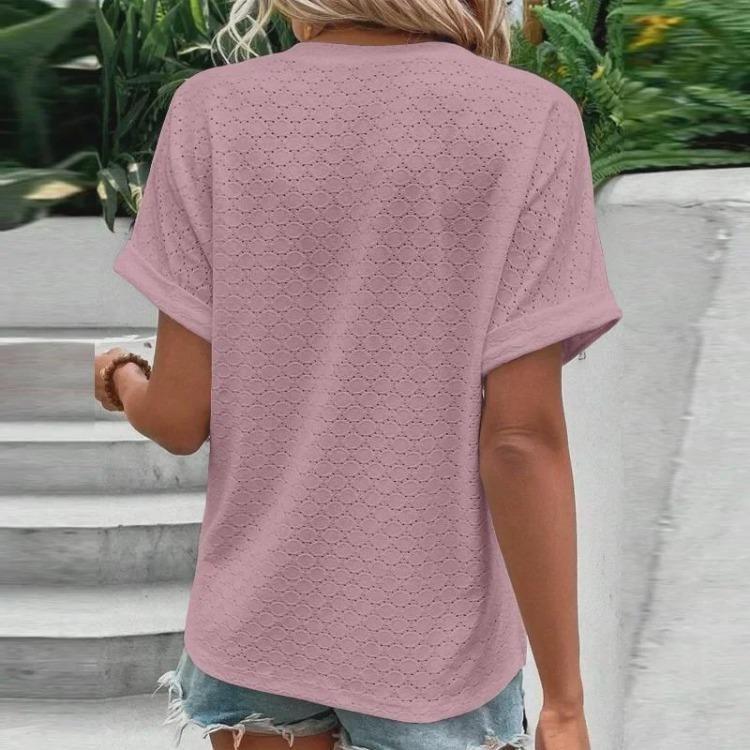 Spring Summer  Women Casual Button V Neck T Shirt Solid Color