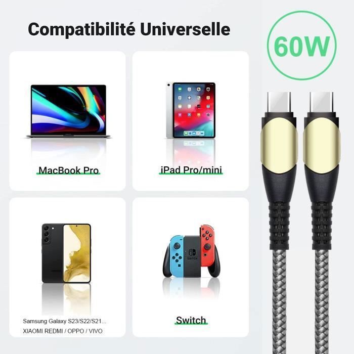 USB-C auf USB-C Kabel 60W für iPhone 16 Pro Max - iPhone 16 Pro - iPhone 15 - iPhone 15 Plus - Verstärktes Nylon 1M Grau