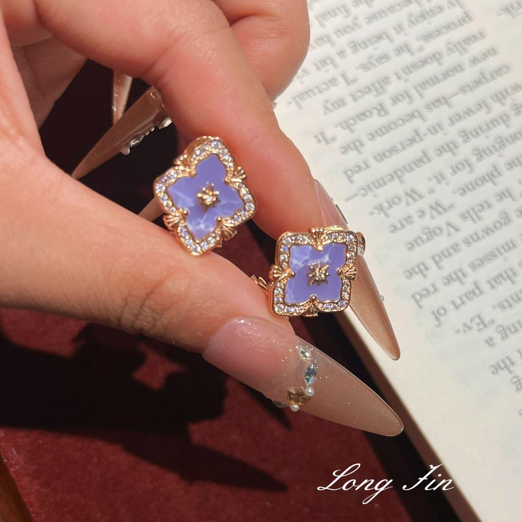 French Retro Raspuche Four-Leaf Clover Blue-Purple Suit, Bracelet Necklace, Earrings, Court Style, Light Luxury And Versatile.