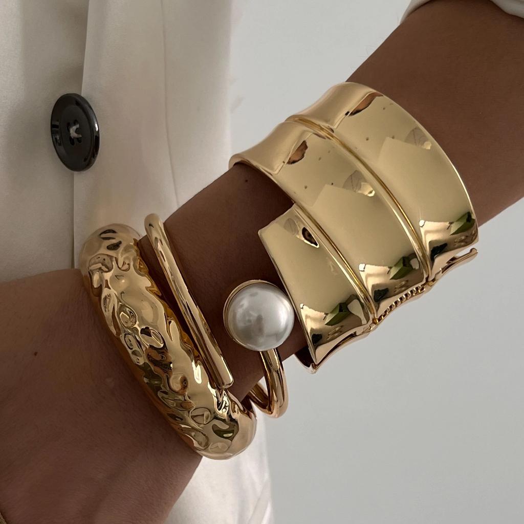 SHIXIN Hip Hop Smooth Gold Color Open Spring Bangles for Women Irregular Geometry Wide Cuff Bracelet Luxury Jewelry Unisex Men