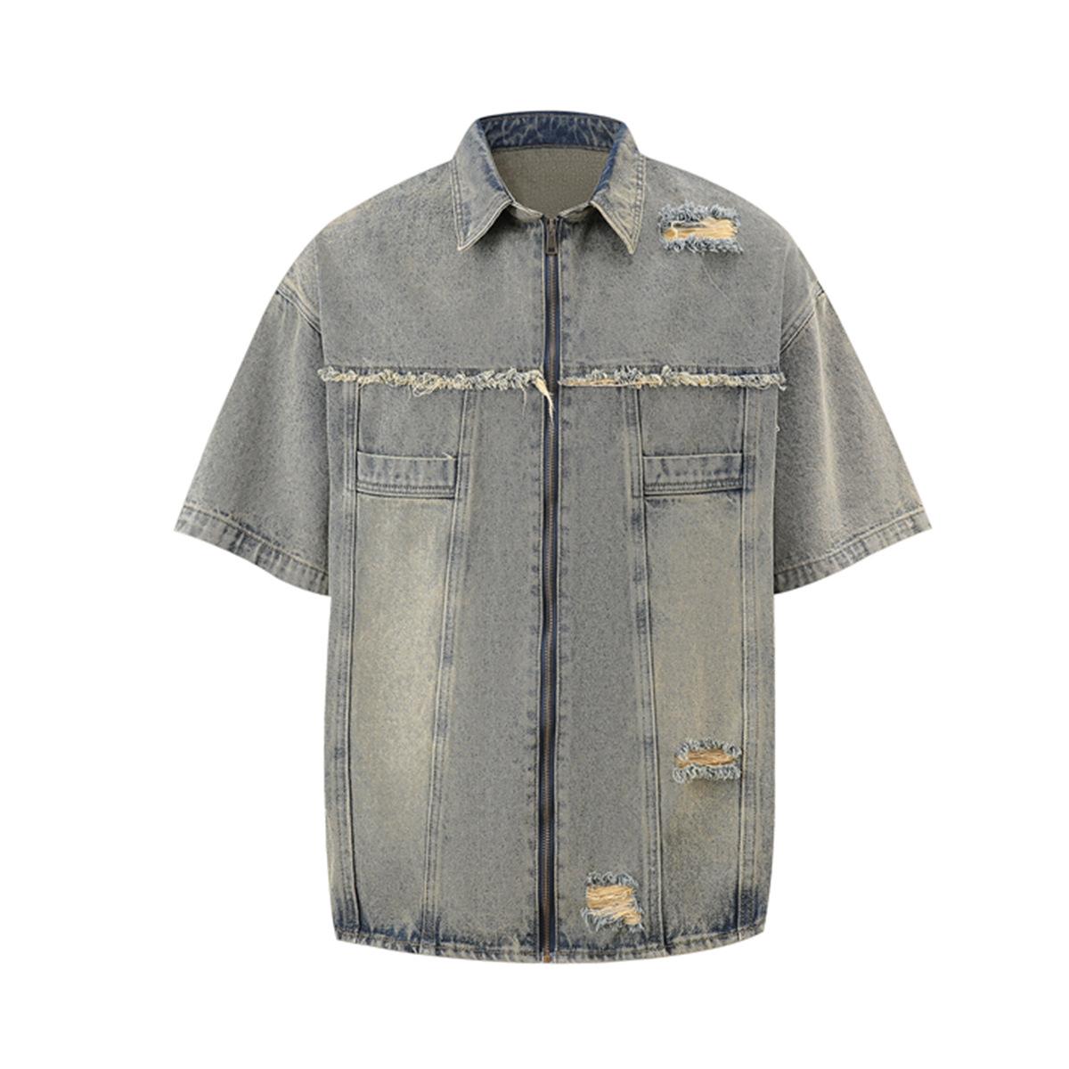 Men s summer shirt American street damaged washed denim shirt short sleeve ruffian handsome trendy men M
