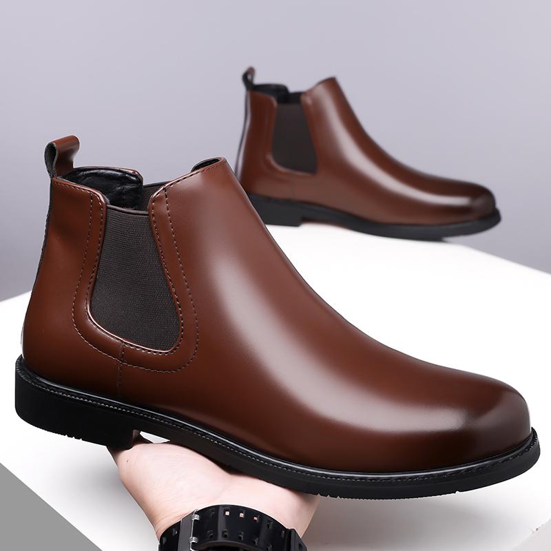 Men's Casual Leather Chelsea Boots New Design High Top Shoes Pointed Toe Business Shoes Classic Comfy Ankle Boots Botas