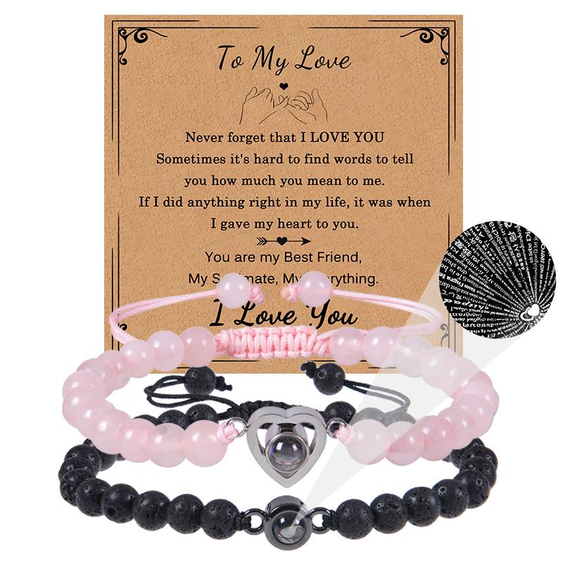 Bracciale con proiezione "Ti amo" in 100 lingue con pietra naturale smerigliata e turchese bianco per coppie