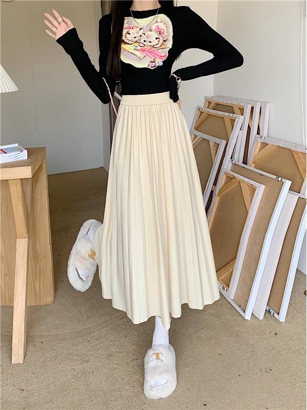 Korean Style Plus Size Pleated Midi A-line Skirt with High Waist Elastic