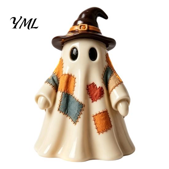 Indoor Halloween Party Supplies Lighted Vintage Patchwork Ghost, LED Light Up Ghost with Pumpkin Lantern, Spooky Nostalgic Fall Mantel Decor Cute for