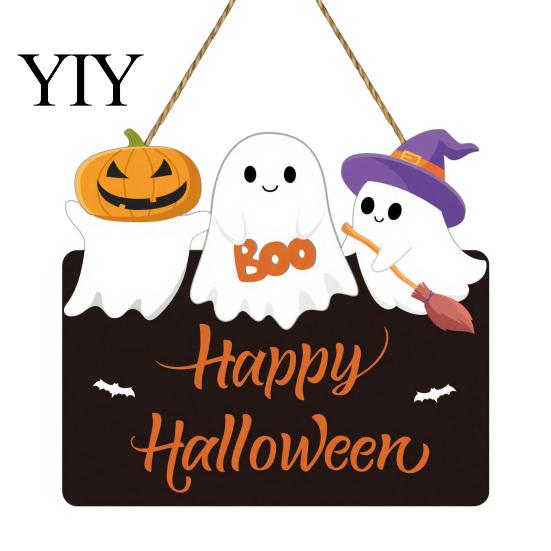 Creative Halloween Party Backdrop Ghost Door Sign, Cute Ghosts Wooden Hanging Wreath, Rustic Happy Pumpkin Wall Plaque Welcome Sign for Home Farmhouse