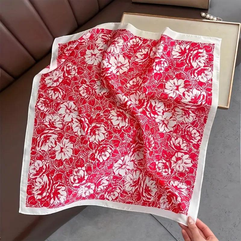 Women's Korean Style Retro Printed Imitation Silk Scarf for Professional and Casual Use