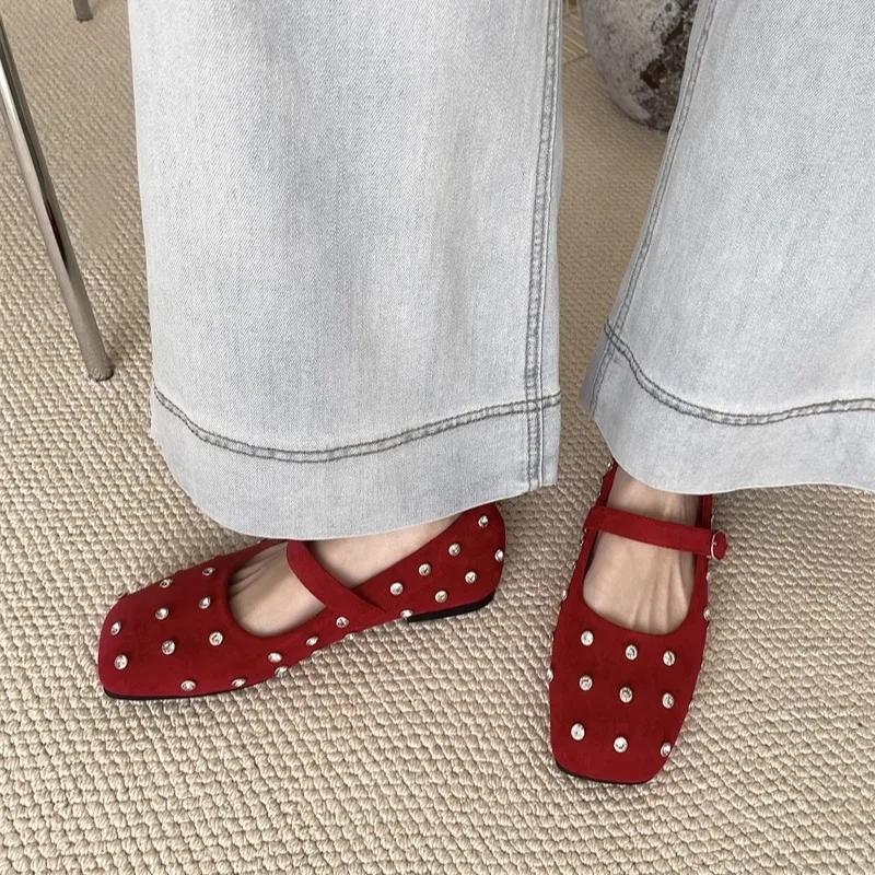 Frühlings flache Schuhe für Damen quadratische Spitze flacher Ausschnitt Wildleder Strassstein weiche Sohle rutschfest abriebfest einzelne Schuhe