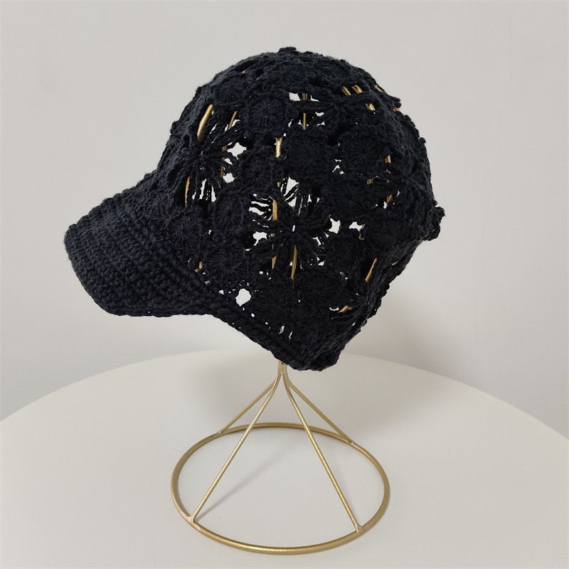 Women's Handmade Hollow Knit Visor Beanie Short Brim Face Slimming Head Wrap Hat Elegant Hair Loss Covering Cap