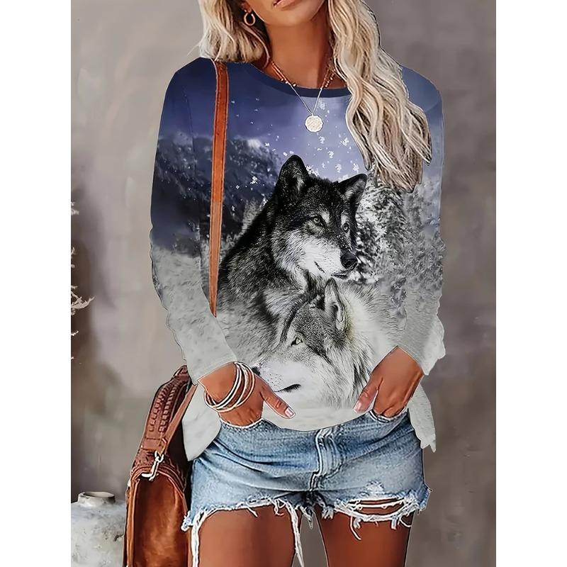 Fashion Printed Long Sleeve Casual Crew Neck Top Loose T-Shirts Women’s