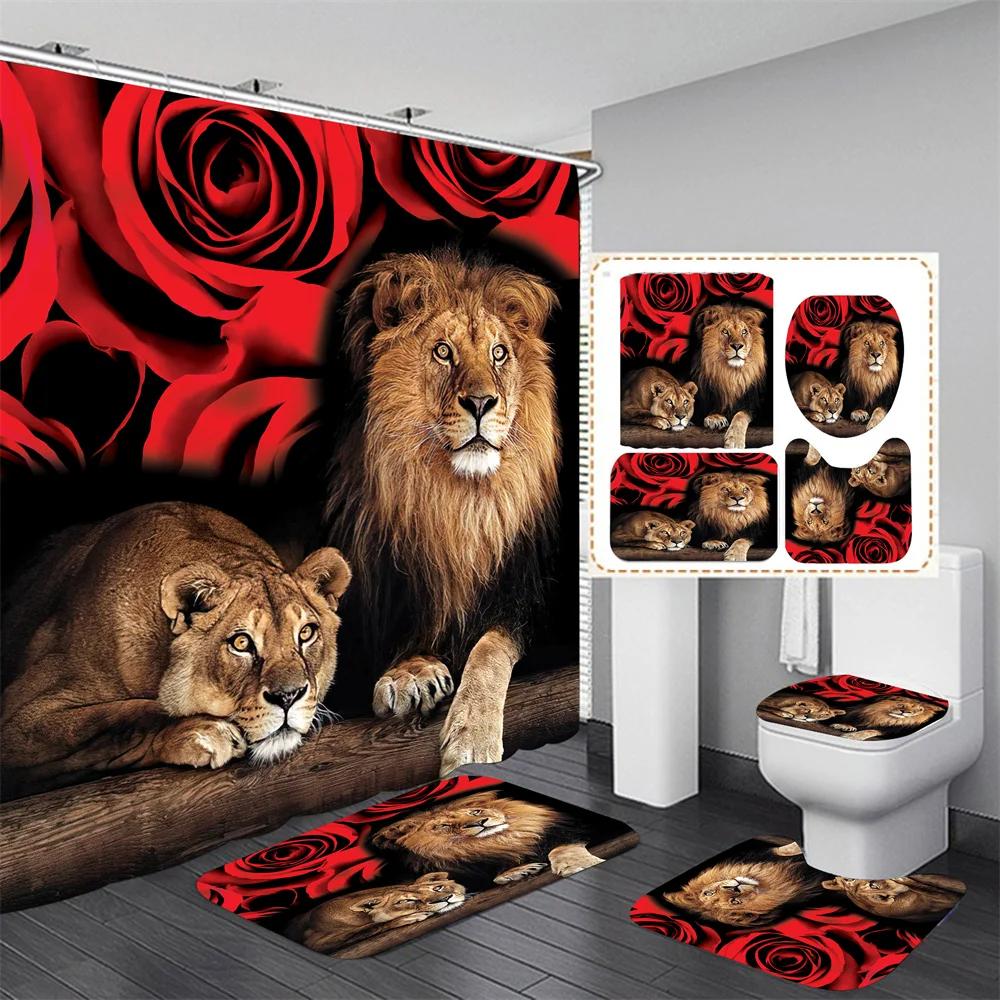 4pcs Set Doormat Shower Curtain with Non-Slip Rugs Toilet Seat Cover Bath Carpet Durable Waterproof Bathroom Home Entrance Decor