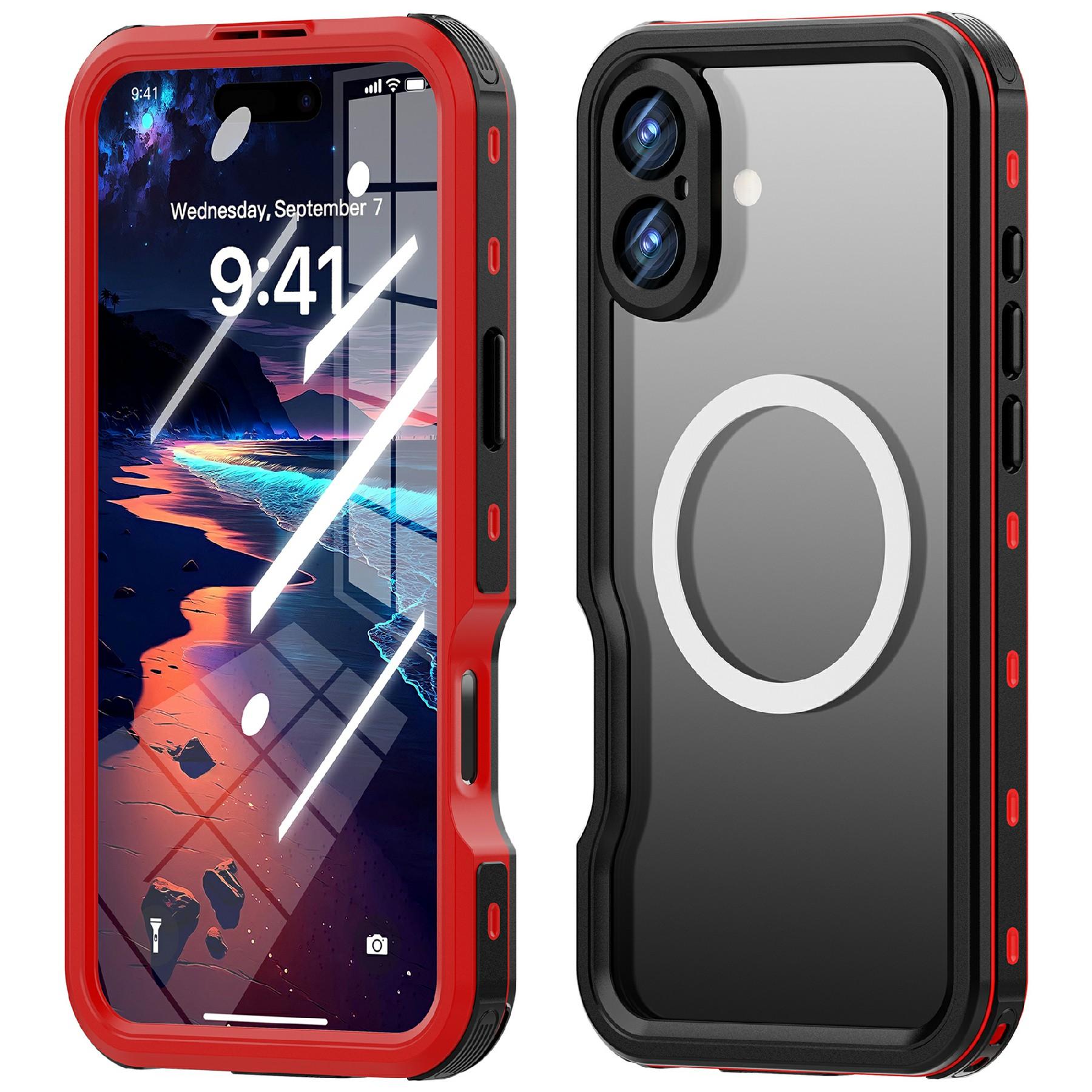 

REDPEPPER D-UP Series For iPhone 16 Plus Case IP68 Waterproof Clear Back Panel Phone Cover Compatible with MagSafe Red