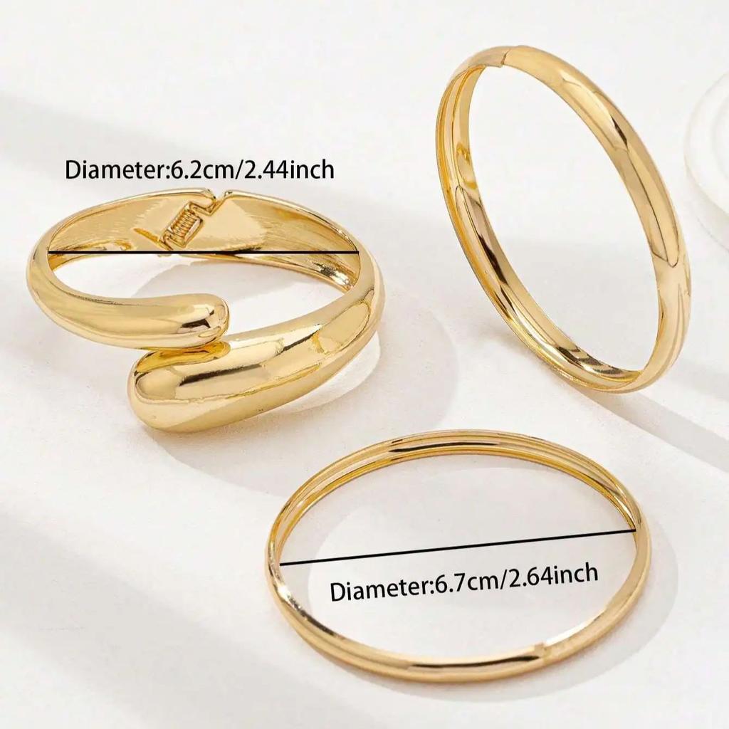 3 PCS Gold Color Minimalist Bangle Set Mix of Open & Closed Circular Designs Classic Stackable Bangle Set For Women