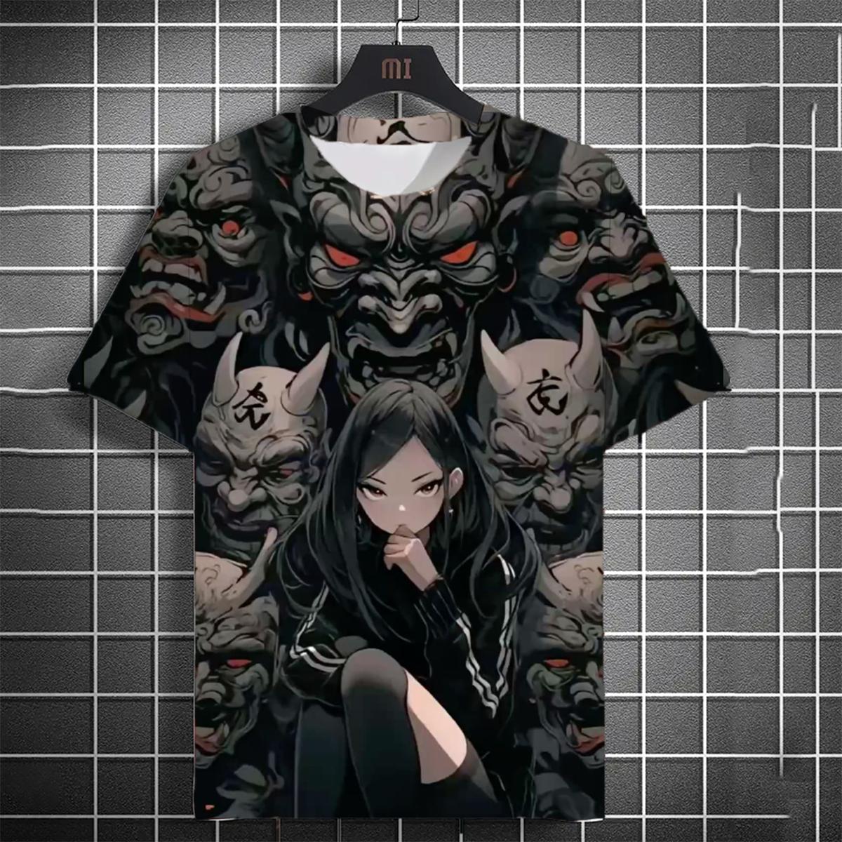 

Men s fashionable versatile T-shirt 3D printed Japanese samurai sword girl anime personality short sleeved trendy men s clothing 5XL