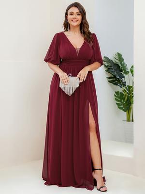 Ever-Pretty Abendkleider für Damen, doppelter V-Ausschnitt, halbe Puffärmel, seitlicher Schlitz, Chiffon, Übergröße