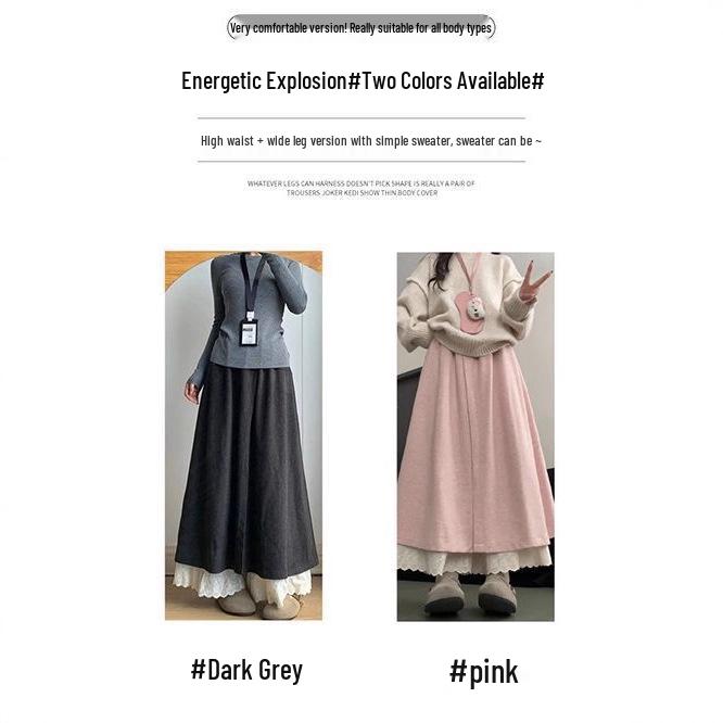 Patchwork Lace Trim High-Waisted Woolen Wide-Leg Pants for Women - Autumn/Winter Plus Velvet Casual Loose Fit.