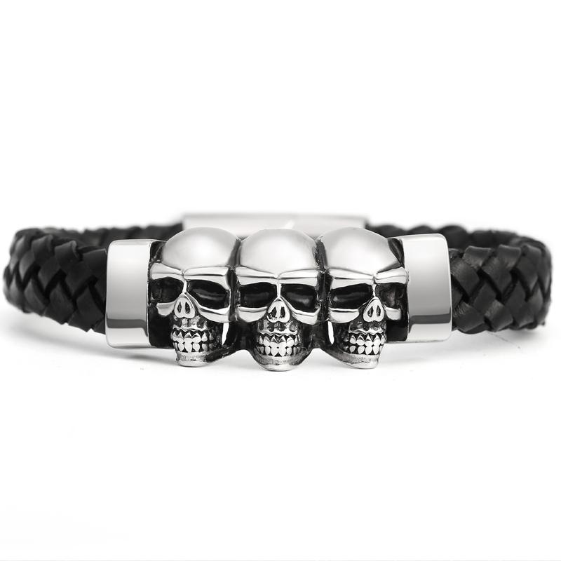 Stainless Steel Leather Bracelets & Bangles Double Black Layers Cowhide Braid Rope Gothic Skull Skeleton Men Jewelry 205mm
