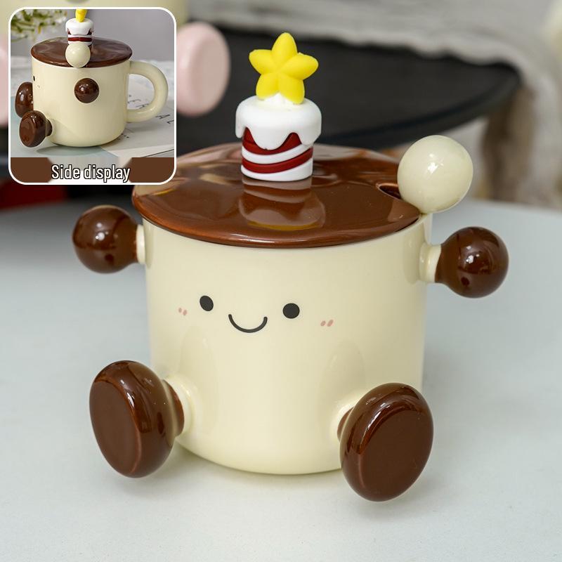 

Cute Dormitory Girls 3D Smiley Face Ceramic Mug with Lid & Spoon for Breakfast or Afternoon Tea 301-400ml