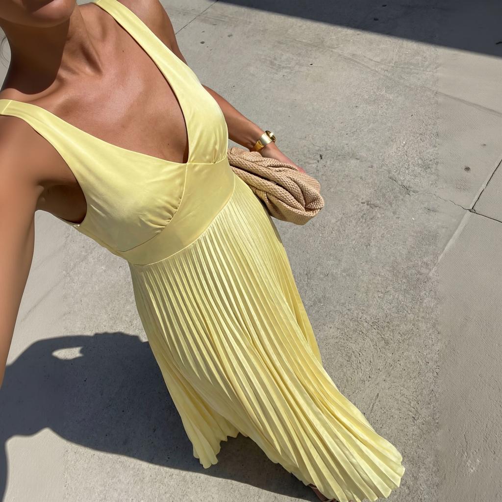 Damen Farbe V-Ausschnitt Spaghettiträger Tailliert Faltenkleid