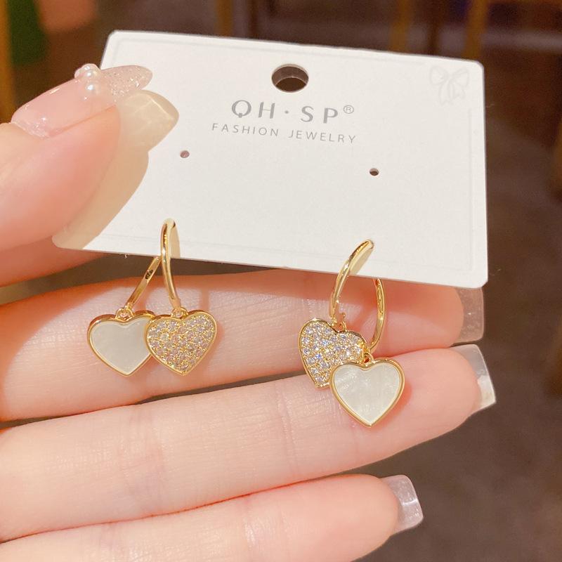 Fashion Reversible Wear Heart Shaped Zircon Inlaid Silver Needle Earrings For Women белый