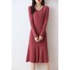 V-Neck Wool-Cashmere Sweater Dress for Women - Slim Fit, Mid-Length, Over-the-Knee, Autumn/Winter Style
