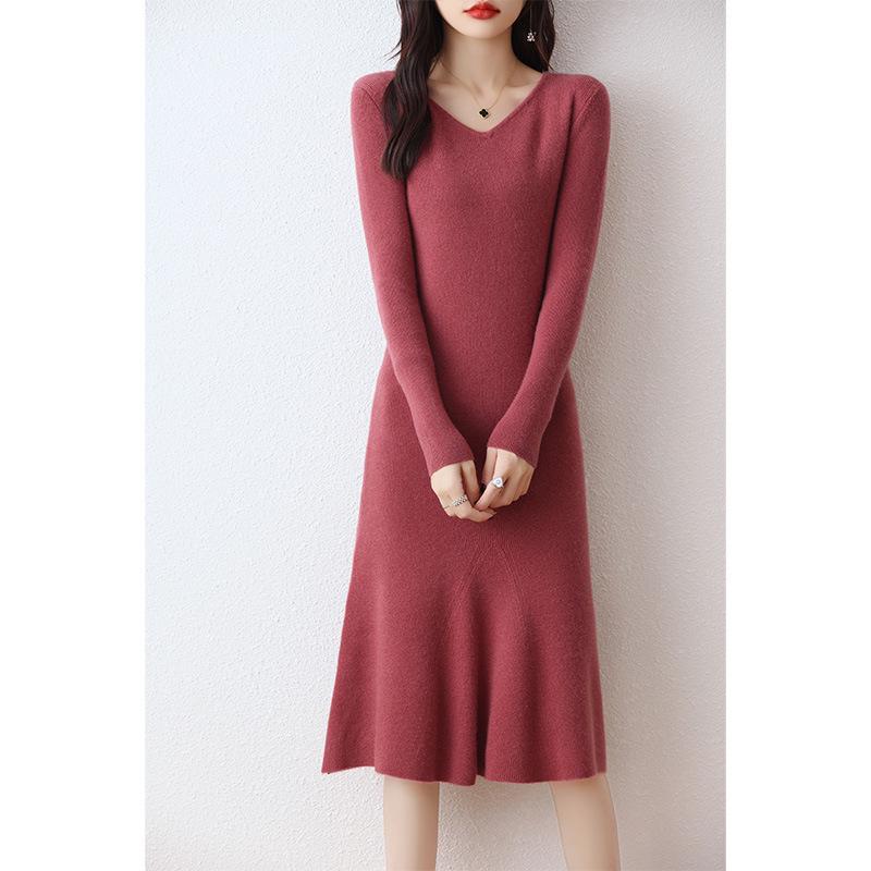 V-Neck Wool-Cashmere Sweater Dress for Women - Slim Fit, Mid-Length, Over-the-Knee, Autumn/Winter Style