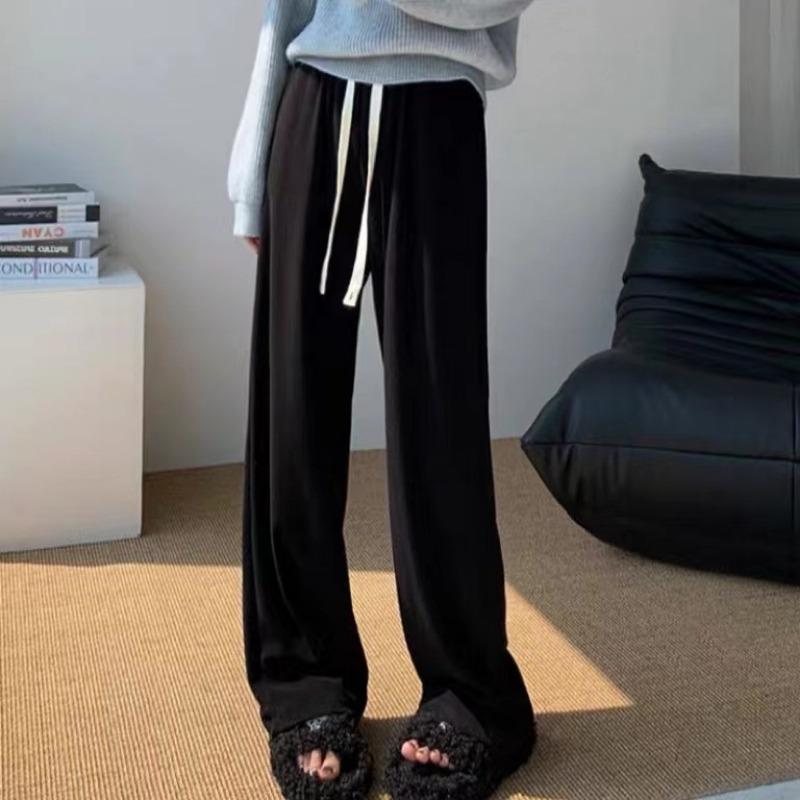 

Knitted wide-leg pants women s autumn and winter high-waisted thin and drape narrow version straight mopping pants soft waxy German velvet towel pants XL чёрный