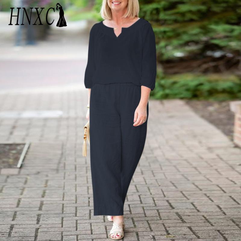 

HNXC Женский повседневный комплект больших размеров с пуговицами, рукавом миди, карманом, однотонный, хлопковый топ с V-образным вырезом и брюки XXXXXL темно-синий