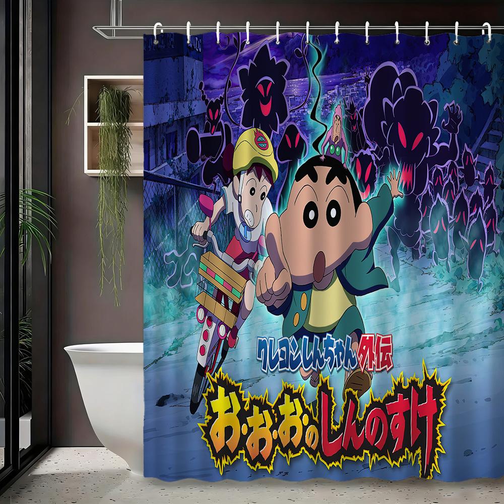 Crayon Shin-Chan & Friends School Uniform & Robot Statue Scene 2D Print Waterproof Shower Curtain, Blue & Yellow Bathroom Decor