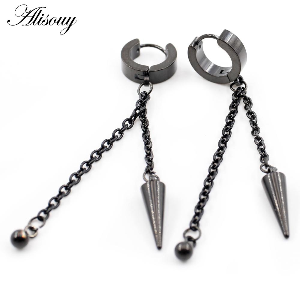 Alisouy 2PCS Stainless Steel Star Cross Snake Spike Skull Sword Blade Chain Feather Spider Dangle Women Men Huggie Hoop Earrings