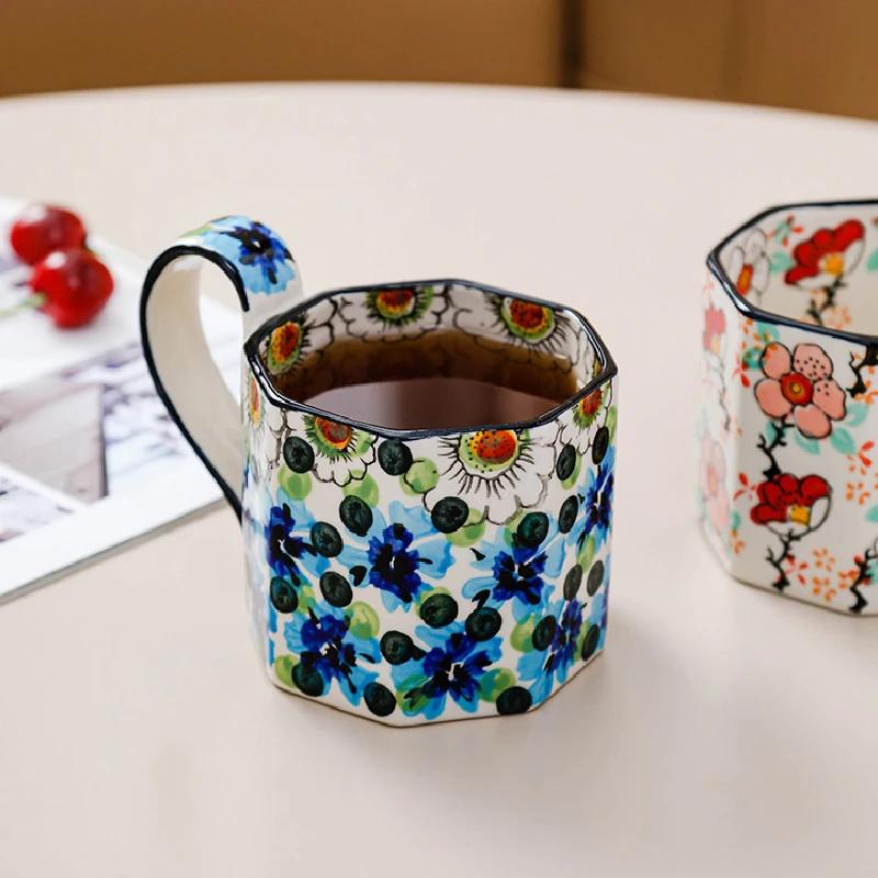 400ML Retro Blumenbecher Keramik Kaffeetasse Polygon Milchteetasse Küchenbar Zubehör Frühstück Milchbecher Büro Trinkbecher