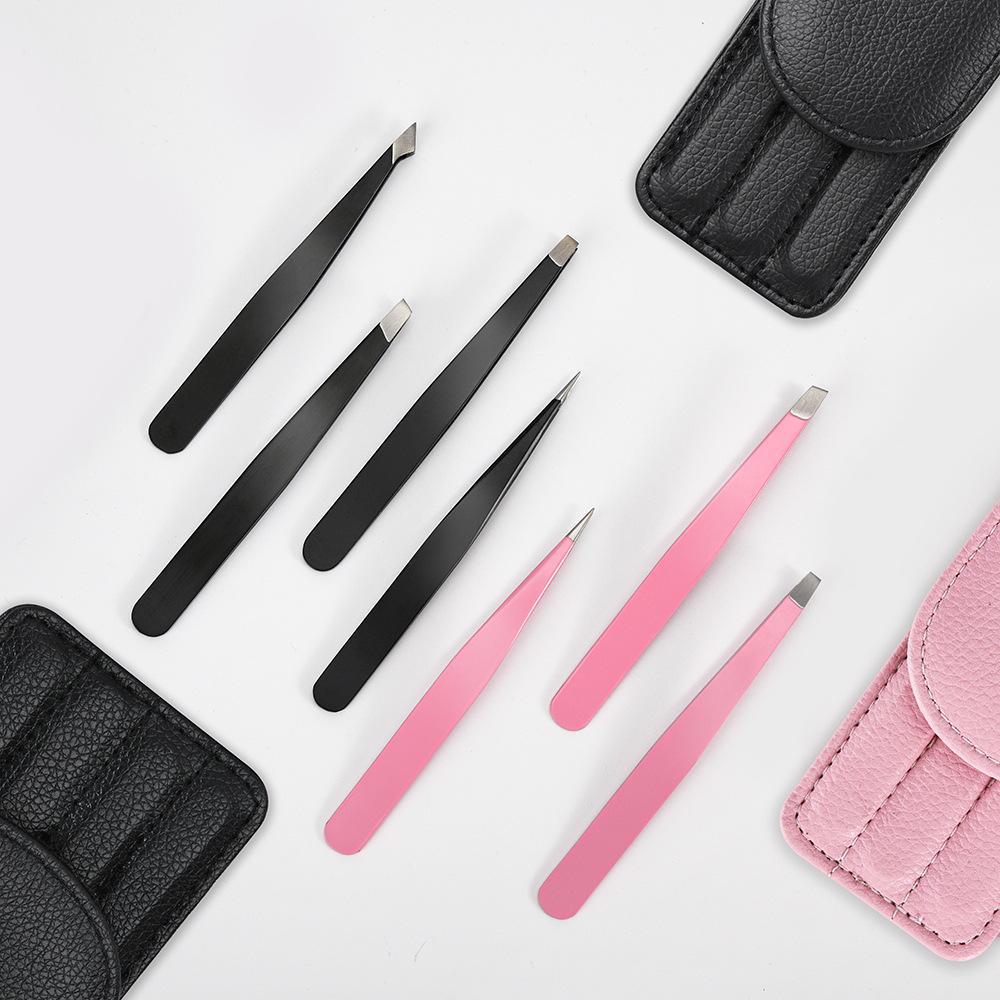 Stainless Steel Eyebrow Tweezer 1.5mm Thick, Black/Pink, Precision Slant Tip with Leather Case.