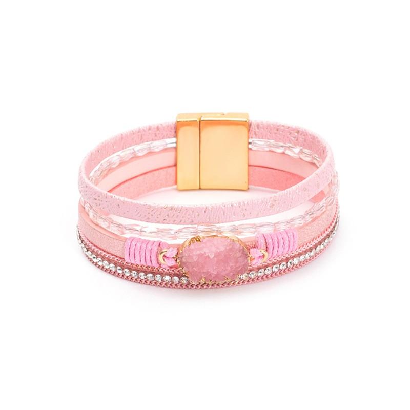 Crystal Rhinestone Vintage Ethnic Beaded Magnetic Clasp Leather PU Bracelet Women Men