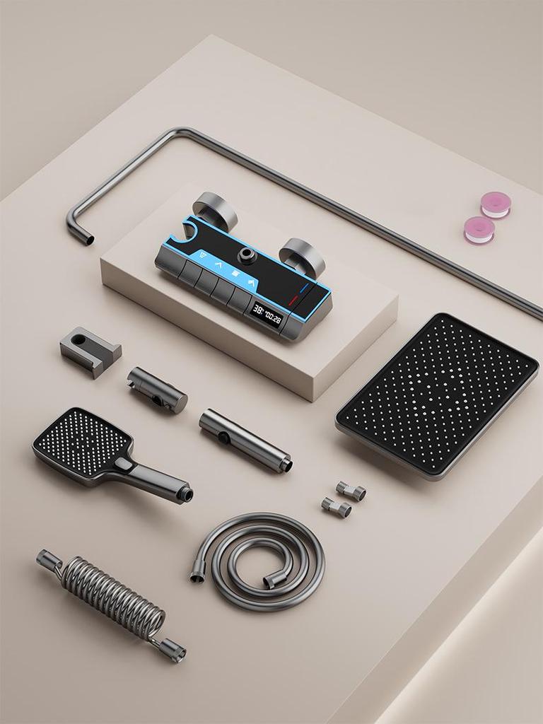 Space Aluminum Shower Faucet Set with Digital Display & LED Light Shower Head
