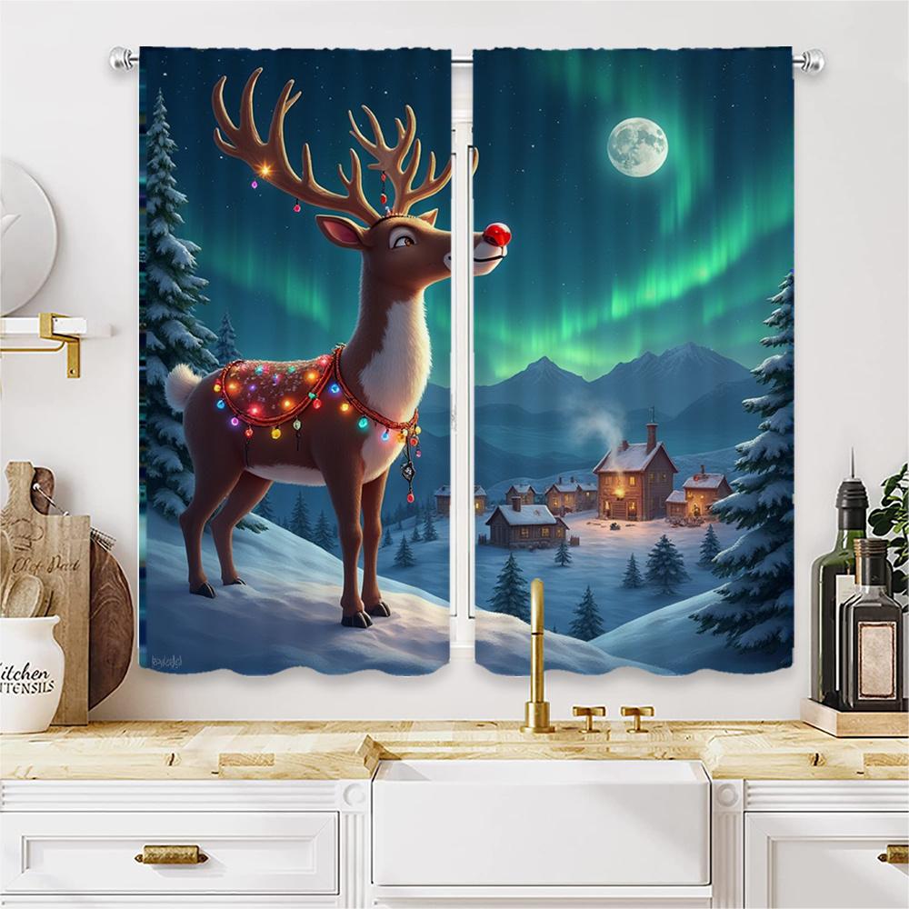 Festive Christmas Reindeer Snow Forest Printed Curtains High Definition Digital Print Green Scarf Red Hat Design Se Curtain Set Of 2 Made Polyester