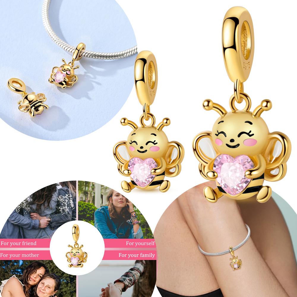 New Original Copper Golden Holds Love Embrace Pink Heart Animal Bead Fit Bracelet Women Accessory Gift Jewelry Diy