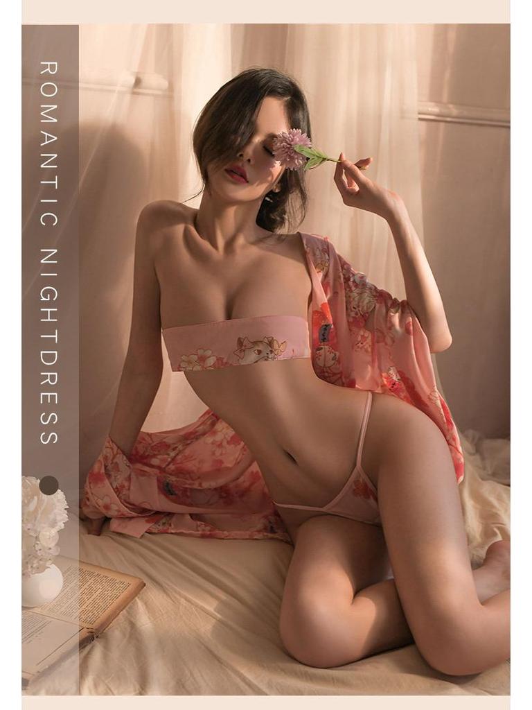 Japanisches Sexy Durchsichtiges Kimono Dessous Yukata Set mit Druck