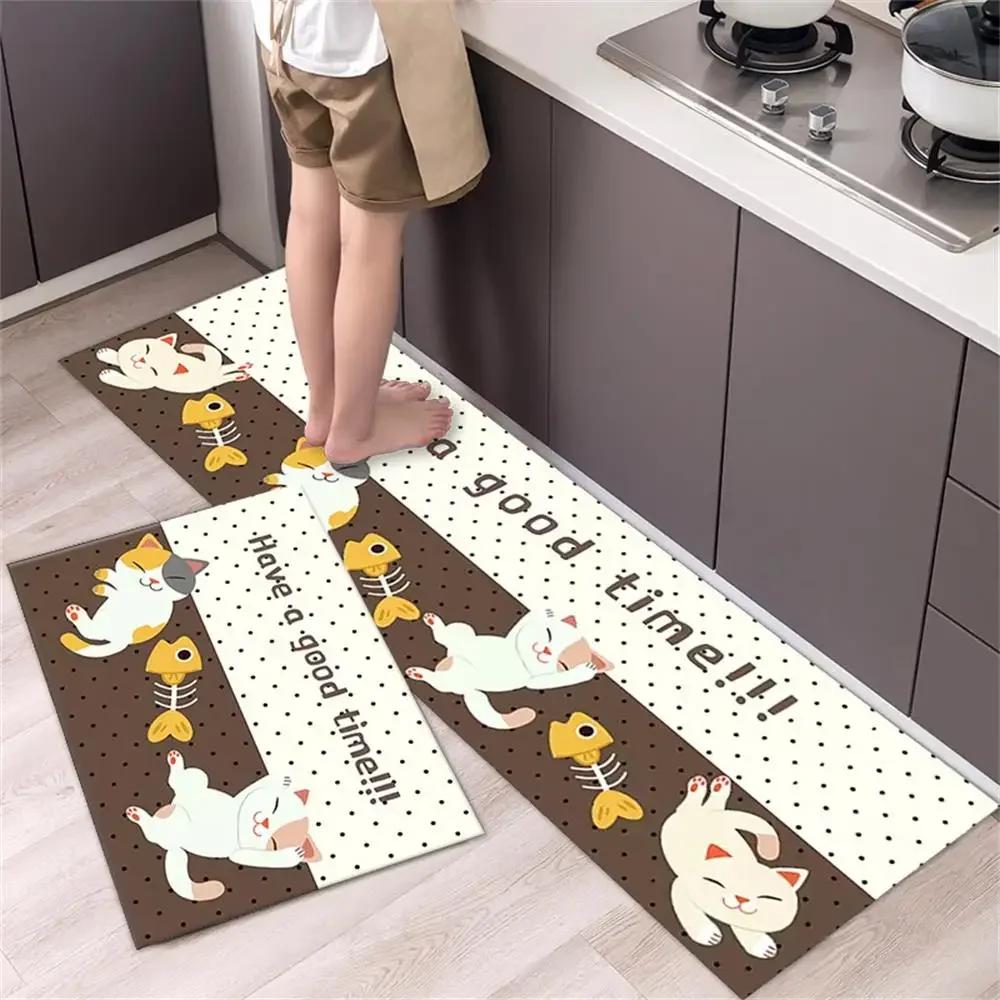 Cute Cat 'Happy Every Day' Kitchen Mat Non-Slip Machine Washable Rug Set for Home Decor Anti-Fatigue Floor Mats