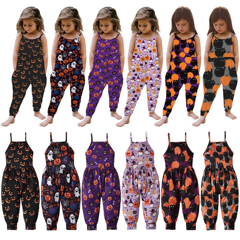 Halloween Pumpkin Skull Bat Cat Baby Kids Spaghetti Straps Romper Jumpsuit Children Clothes for 1-6 Years
