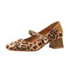 Classic Retro Leopard Print Brown Women's Square Head Wood Grain Thick Heel Fashion Suede Mary Jane