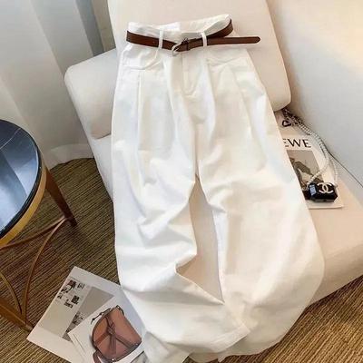 Calça Jeans Branca Feminina de Cintura Alta e Perna Larga: Calças de Verão Plissadas, Largas, com Caimento Emagrecedor, Casuais, Comprimento Total