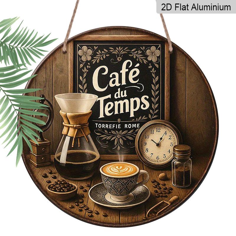 

2D Flat, 1pc French-Inspired Vintage Coffee Culture Aluminum Wall Plaque 7.87 Inch Round Cafe Sign with French Text & Coffee Beans, Durable Metal Art 1pc