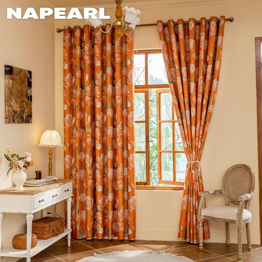 1PC NAPEARL European Style Orange Tulip Printed Curtains Fully Blackout Curtain for Bedroom Living Room Balcony Window for Home Decor