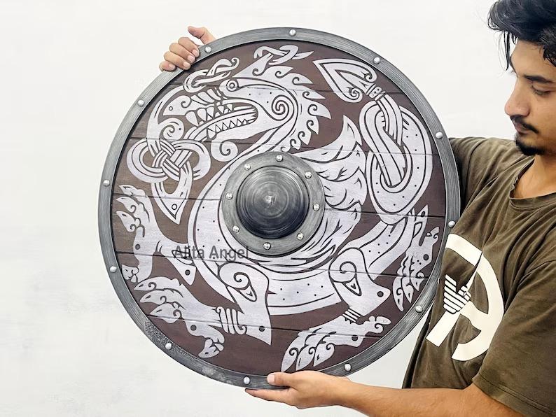 

Handcrafted Wooden Dragon Shield: Viking Battleworn Cosplay Decor коричневий